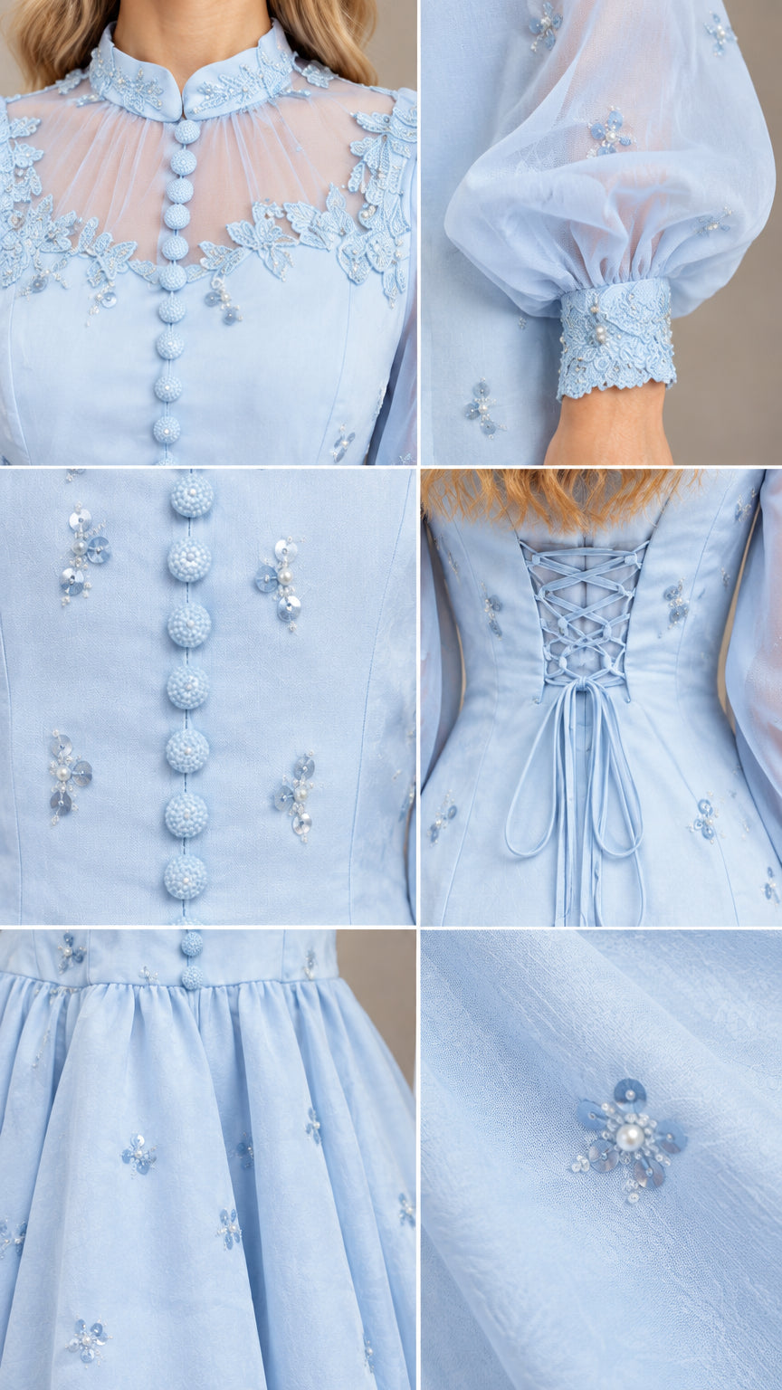 Detailed close-up view of embroidery, buttons, and sheer sleeves