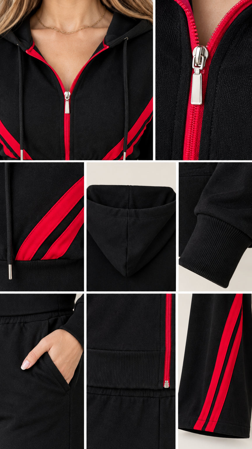 Close-up details of tracksuit zipper, hood drawstrings, ribbed cuff, pocket, and stripe accents