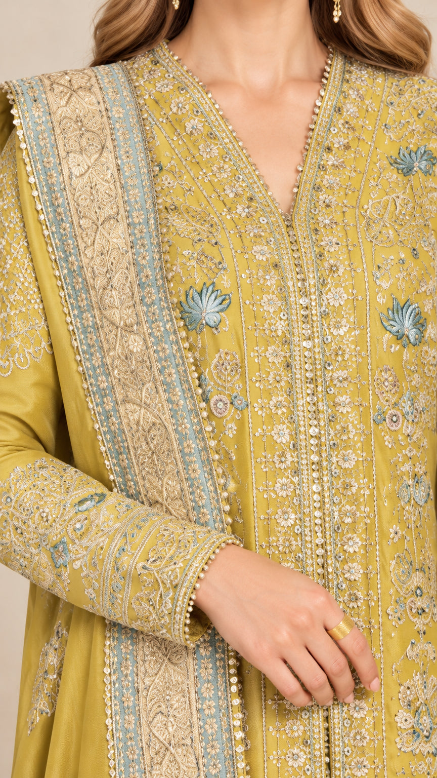 Close-up detail of neckline, sleeves, and delicate embroidery on Mustard Gold fabric