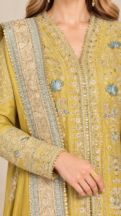 Close-up detail of neckline, sleeves, and delicate embroidery on Mustard Gold fabric