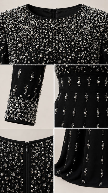 Close-up details of beaded neckline, cuffs, and hem craftsmanship