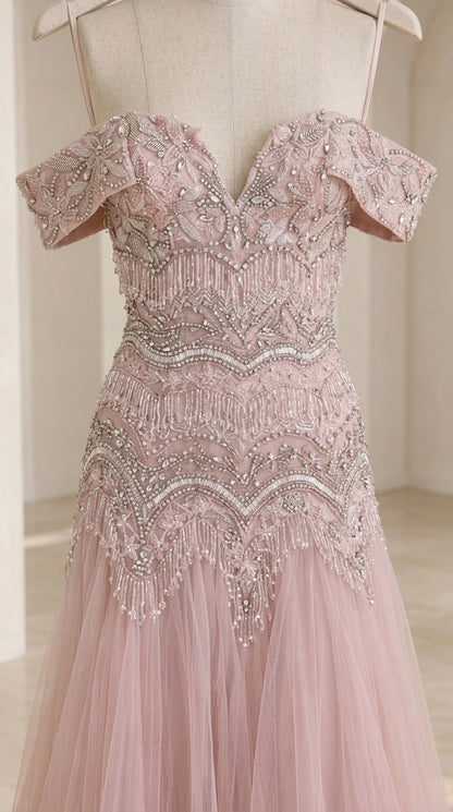 Close-up detail of intricate beading and sequin embroidery on bodice