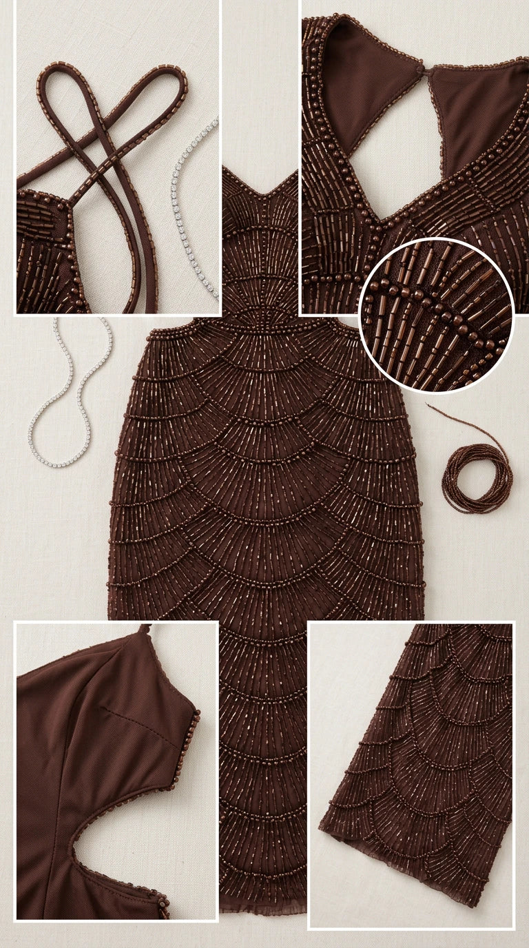 Detailed close-up collage of straps, beaded scallop pattern, and cutout construction
