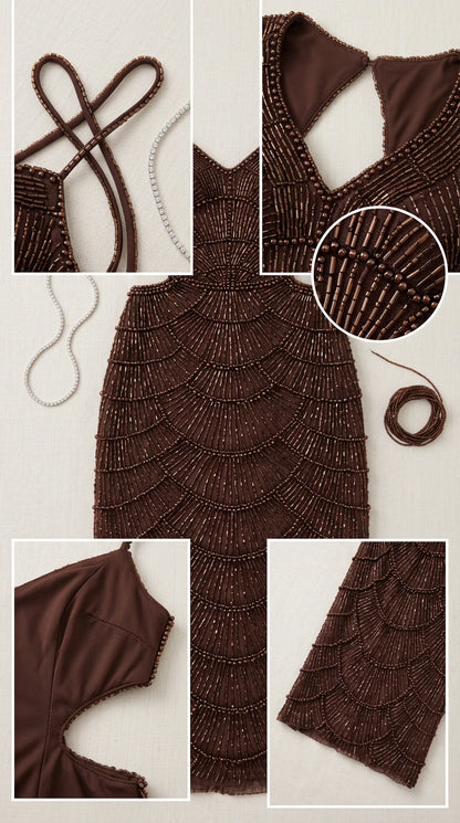 Detailed close-up collage of straps, beaded scallop pattern, and cutout construction