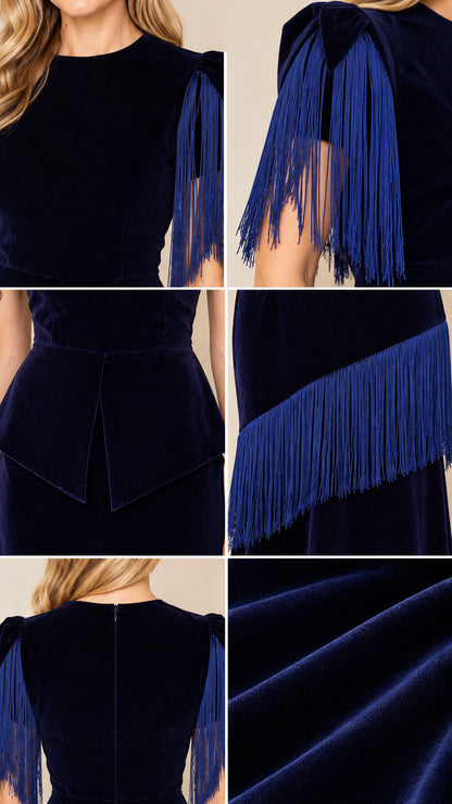Detailed close-up collage of neckline, fringe sleeves, peplum, and velvet texture
