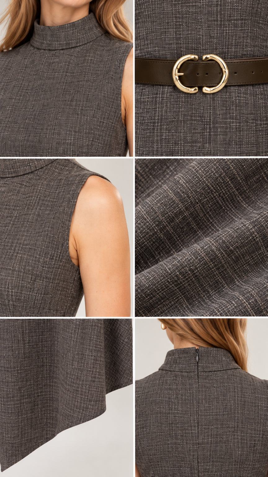 Detailed close-up collage of collar, buckle belt, textured fabric, and hemline