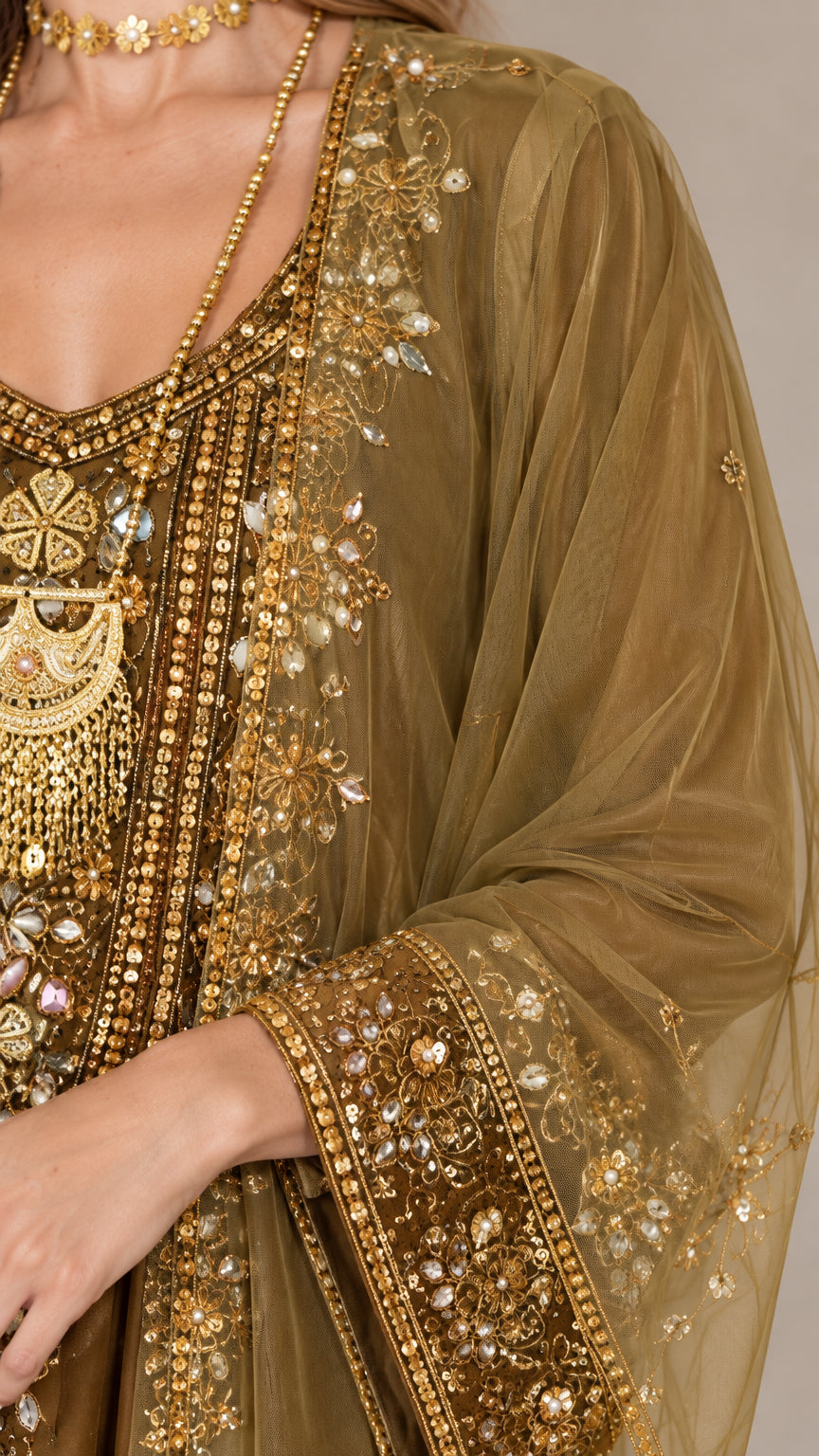 Close-up of metallic embroidery and beaded detailing on Olive Gold kaftan