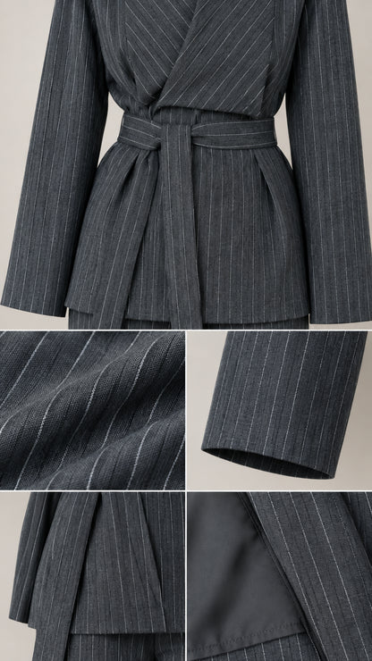 Close-up details of pinstripe fabric, wrap waist belt, cuffs, and lining