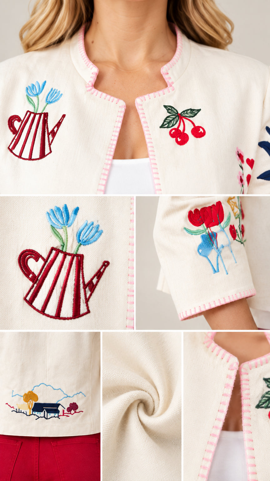 Close-up details of artisanal embroidery and contrast edge stitching