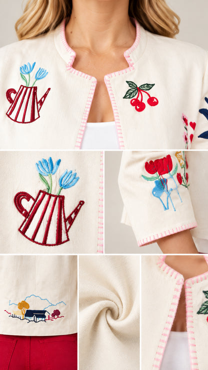 Close-up details of artisanal embroidery and contrast edge stitching
