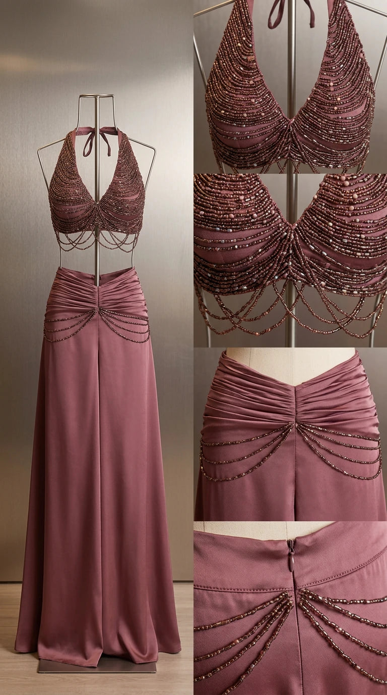 Mannequin display and close-up details of beaded embroidery and waistband ruching on mauve two-piece set