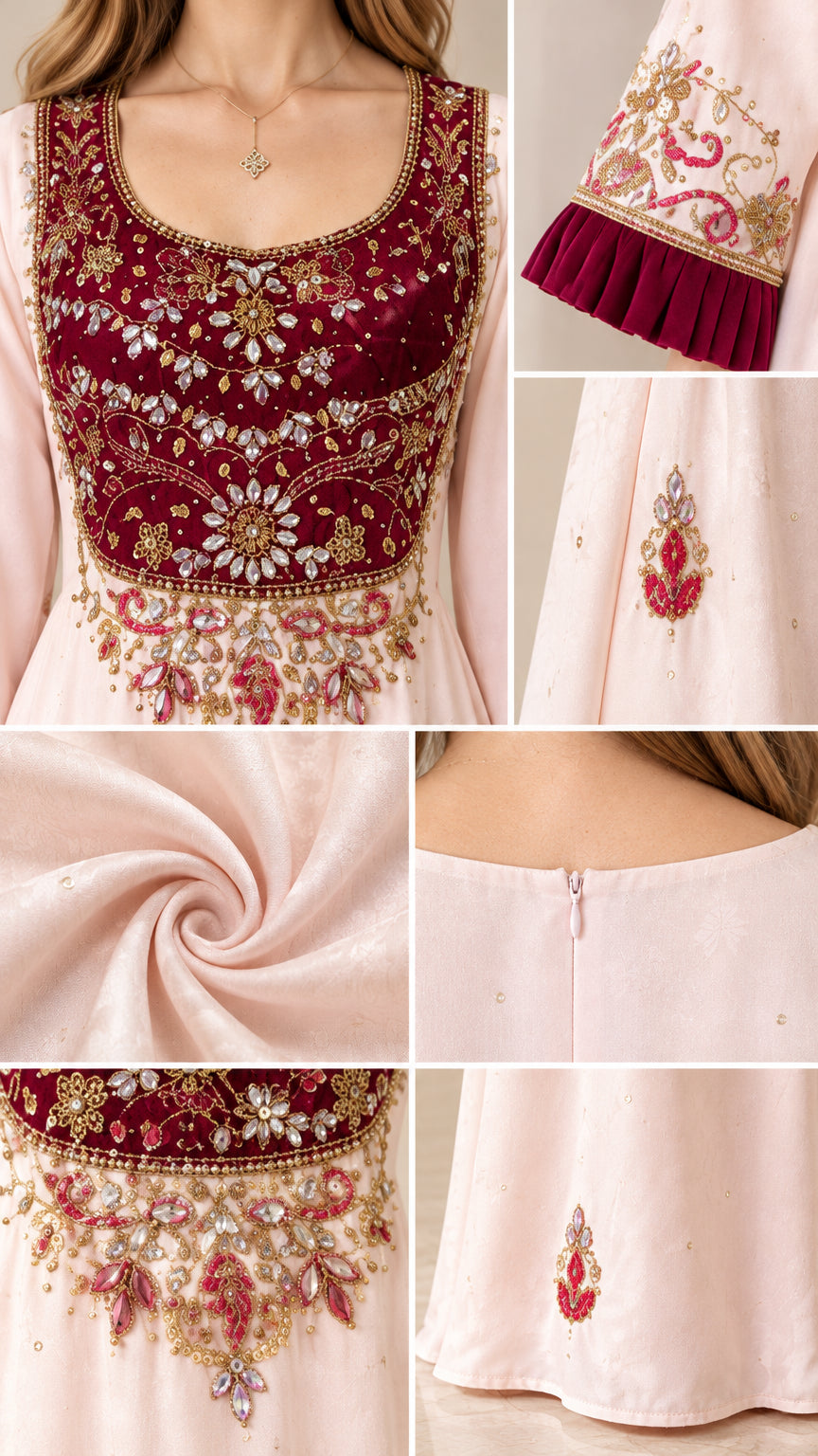 Detailed close-ups of velvet bodice embroidery, pleated cuff, smooth fabric texture, and back zipper