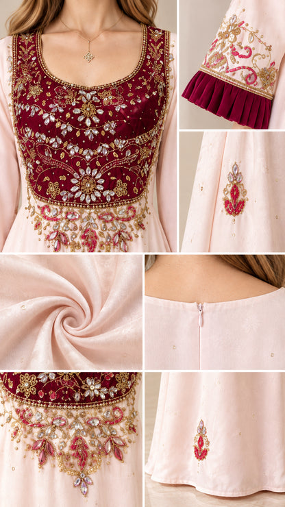 Detailed close-ups of velvet bodice embroidery, pleated cuff, smooth fabric texture, and back zipper