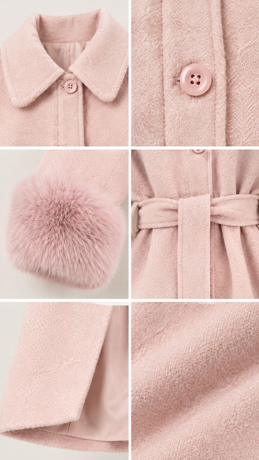 Close-up detail shots showing collar, buttons, faux fur cuff, belt, and lining