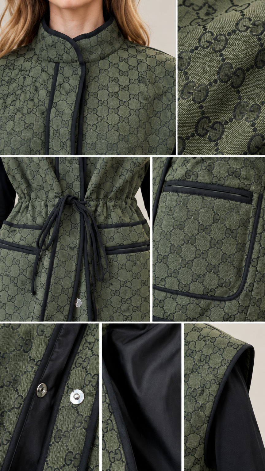 Close-up details of collar, drawstring waist, pockets, and snap buttons on olive green vest