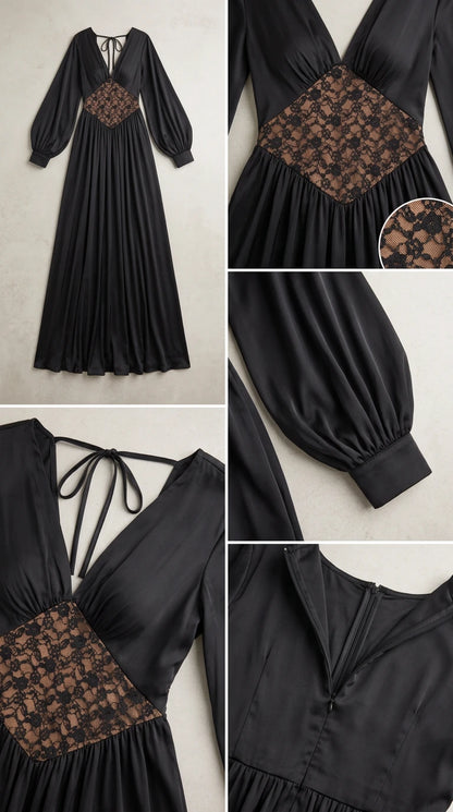 Detailed close-ups of black satin dress lace bodice, cuffed lantern sleeves, and back closure