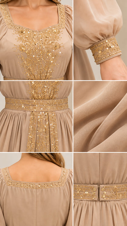 Detailed close-up view of golden sequin embroidery on neckline, cuffs, and waistband