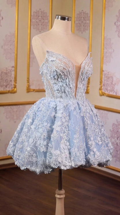 Light blue 3D floral applique corset dress detail on mannequin display