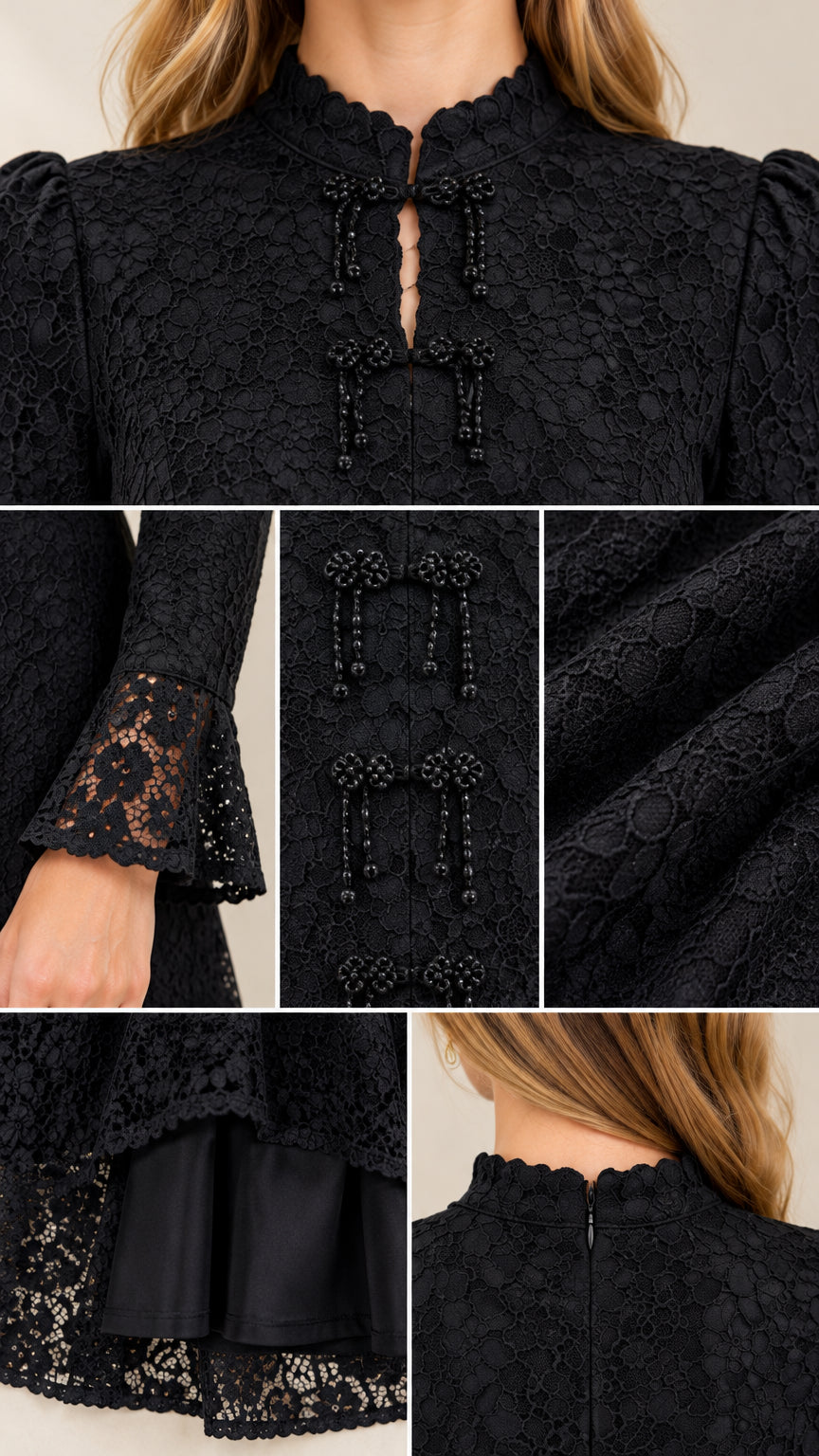 Close-up details of lace collar, frogged buttons, sleeve cuffs, and skirt lining