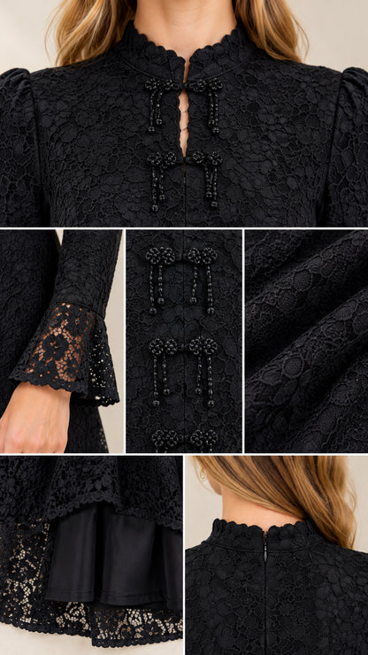 Close-up details of lace collar, frogged buttons, sleeve cuffs, and skirt lining