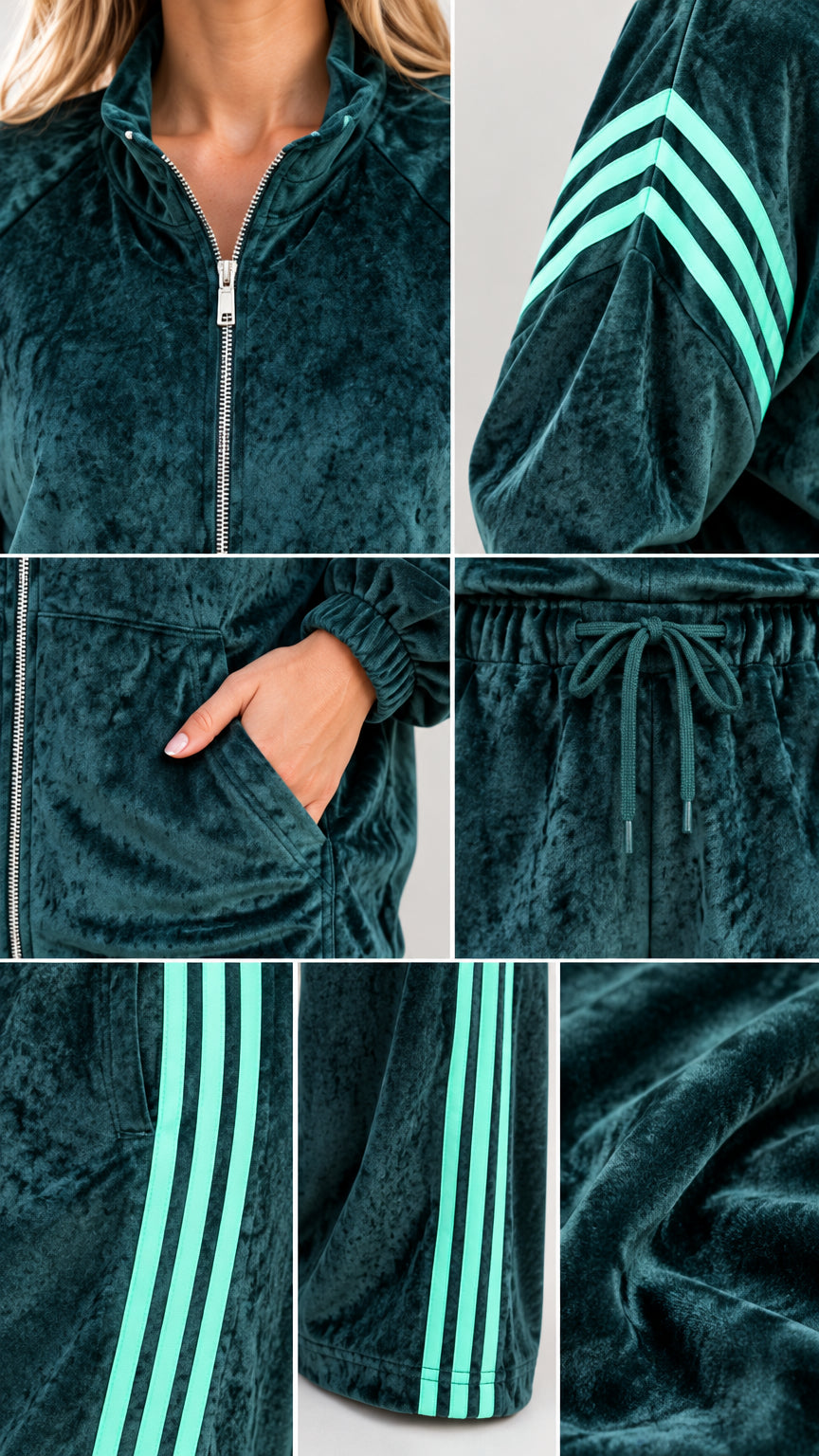Close-up detail collage showing zipper, stripe accents, pockets, and velour fabric texture