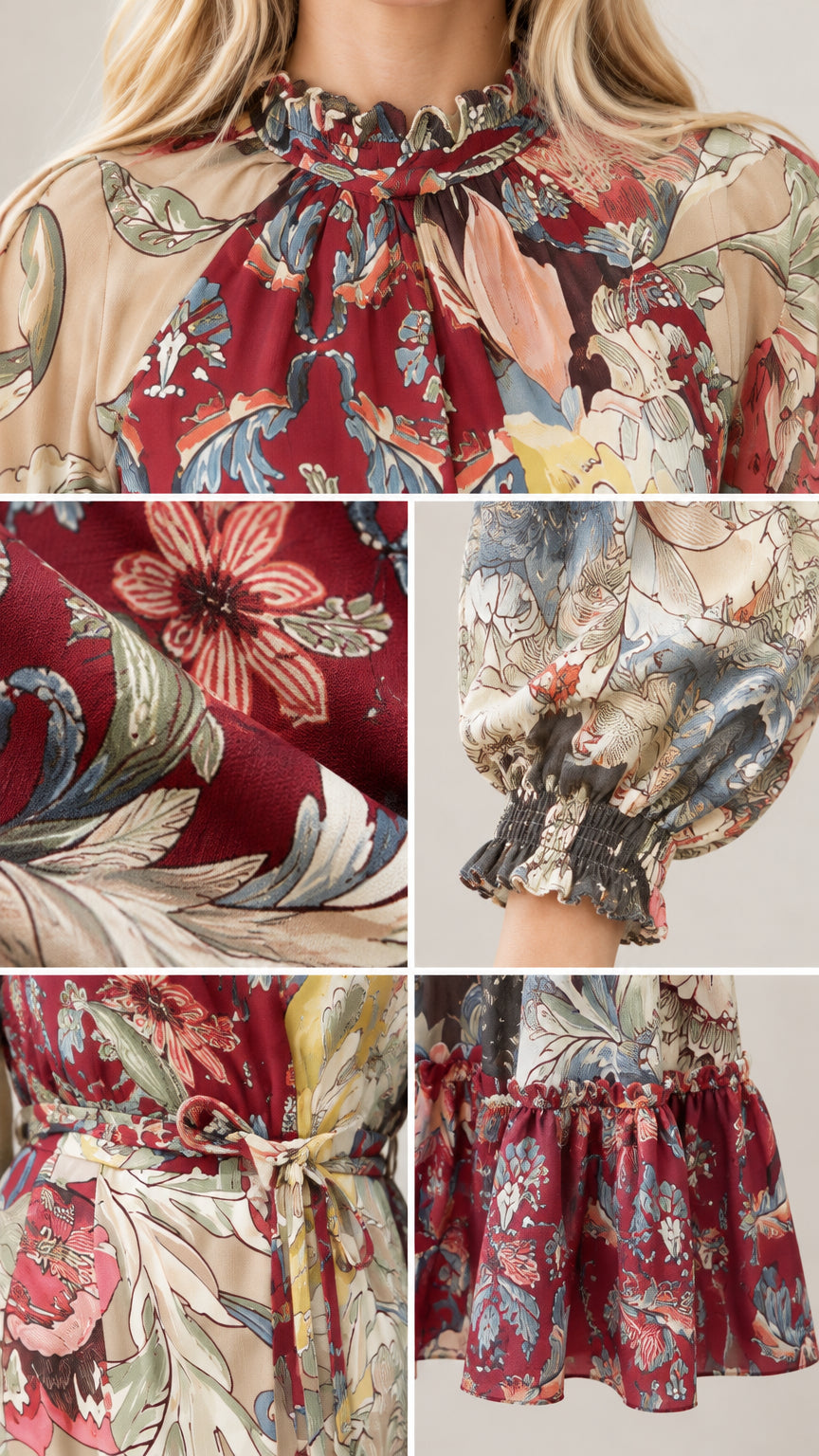Close-up details of ruffled neckline, smocked cuffs, waist tie belt, and hem ruffle