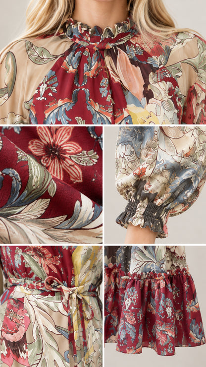Close-up details of ruffled neckline, smocked cuffs, waist tie belt, and hem ruffle