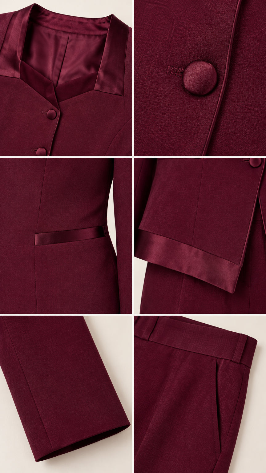 Close-up details of burgundy satin neckline, covered buttons, pockets, and trouser cuff