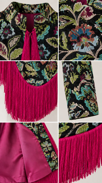 Detailed close-ups of the collar, sleeve cuff, inner lining, and fringe craftsmanship