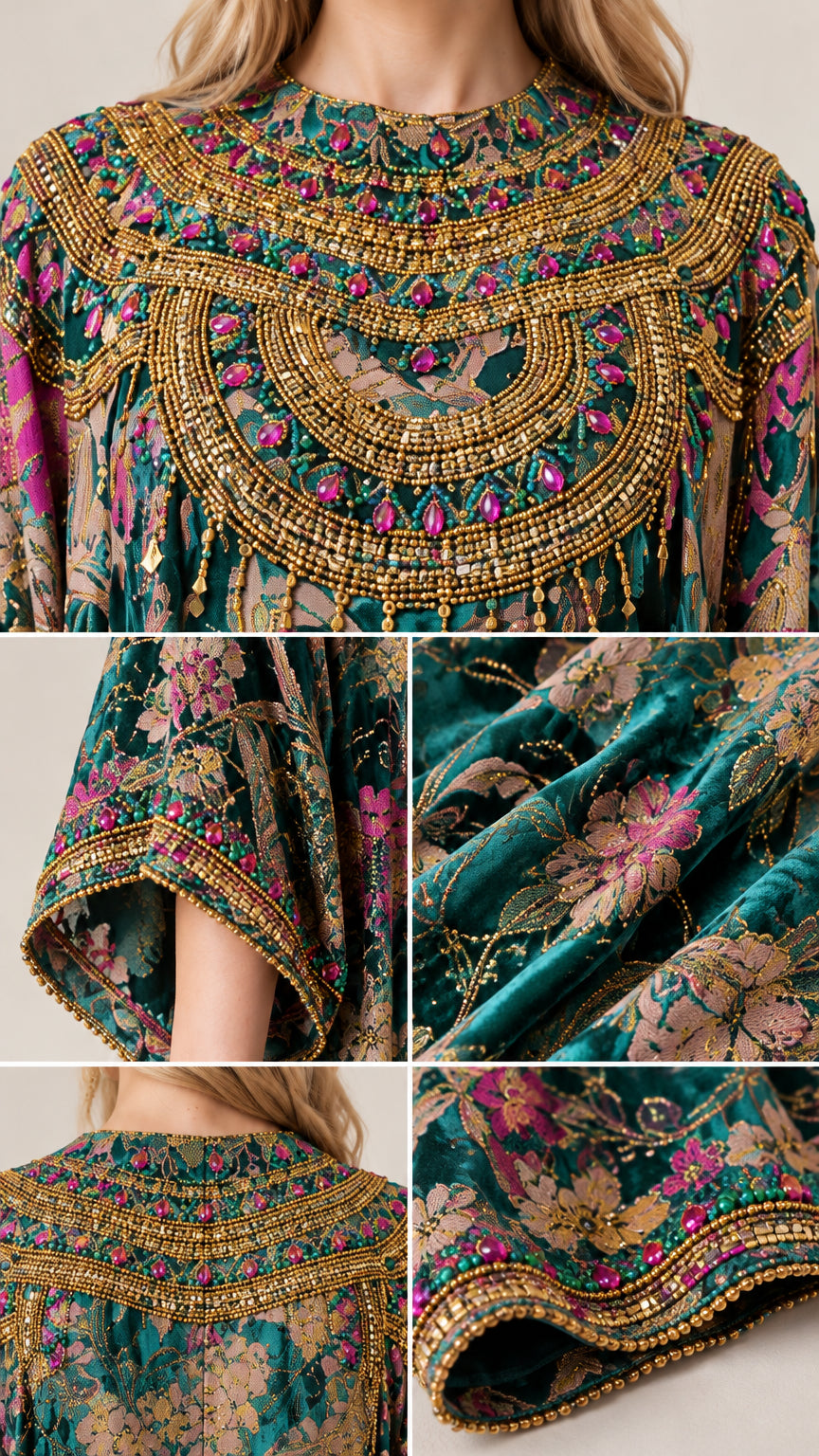 Close-up details of the intricate golden beaded collar, embroidered cuffs, and textured velvet fabric