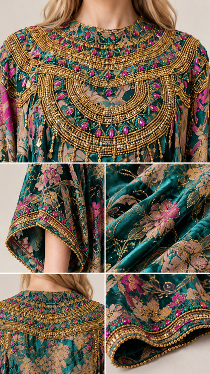 Close-up details of the intricate golden beaded collar, embroidered cuffs, and textured velvet fabric
