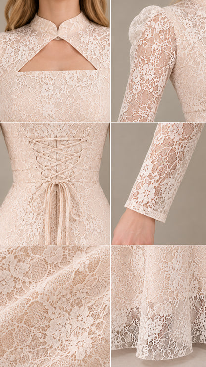 Close-up details of keyhole neckline, sheer lace sleeve, and corset back tie