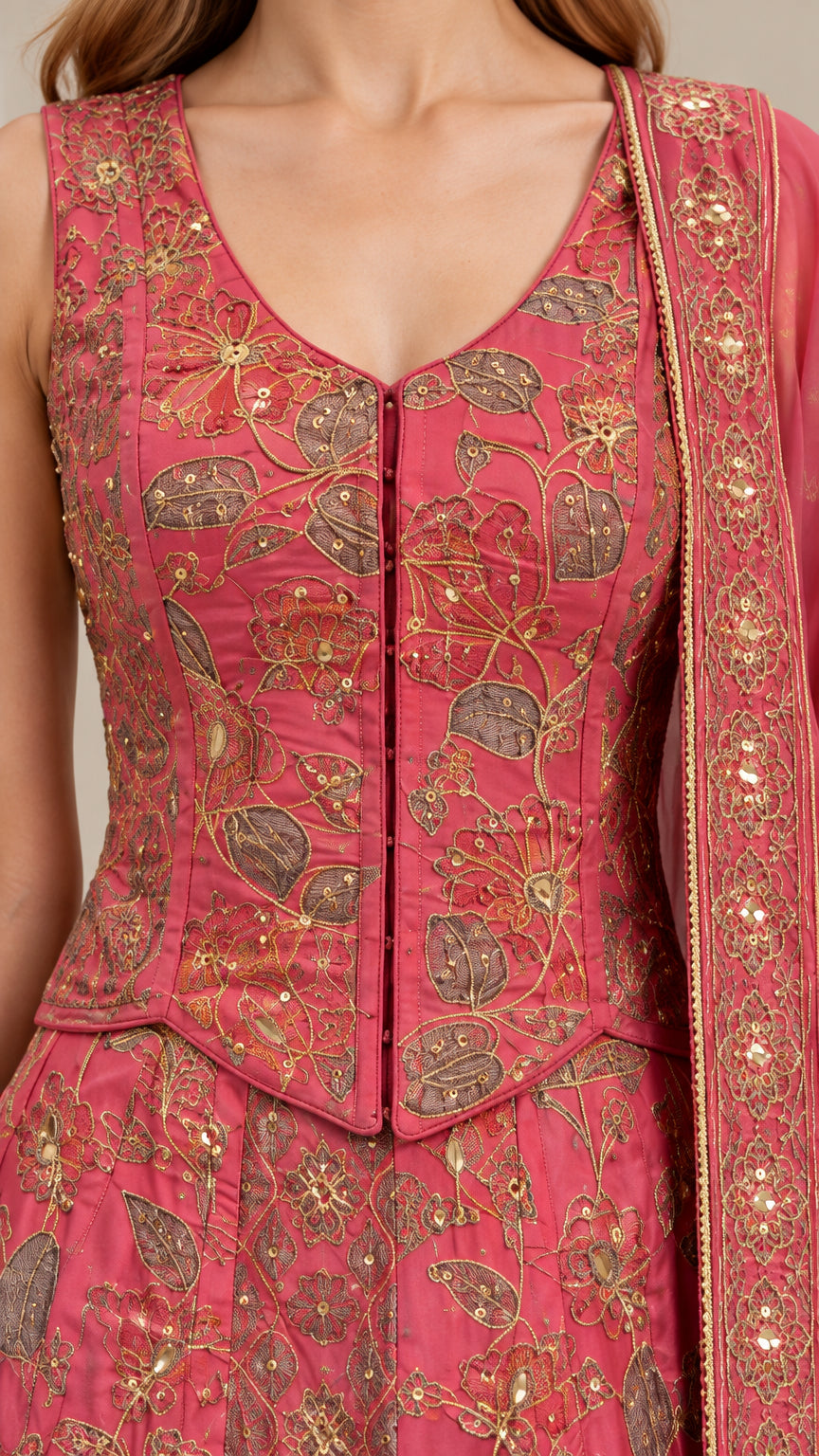 Close-up detail of intricate floral embroidery and sequin work on rose pink corset bodice