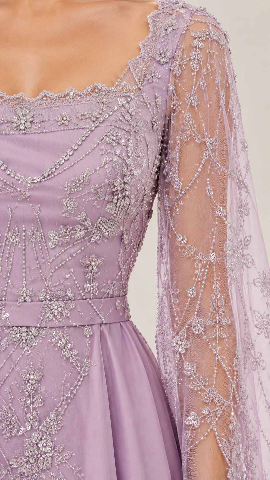 Close-up detail of intricate beadwork, embroidery, and scalloped neckline on lavender dress