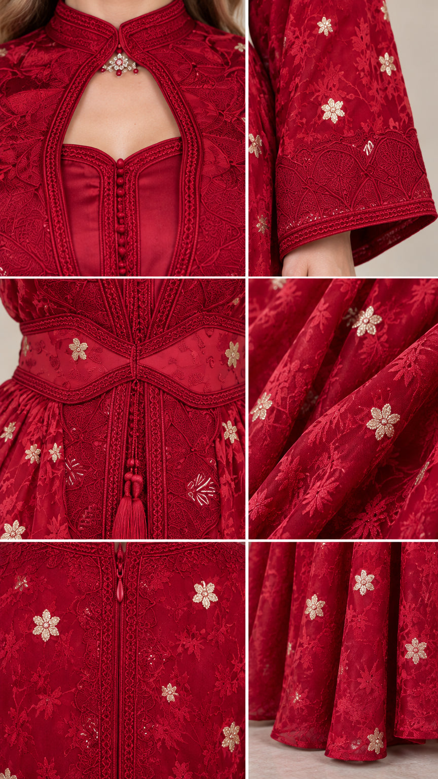 Close-up detail of neckline, bodice, embroidery, and waist tie on Ruby Red gown