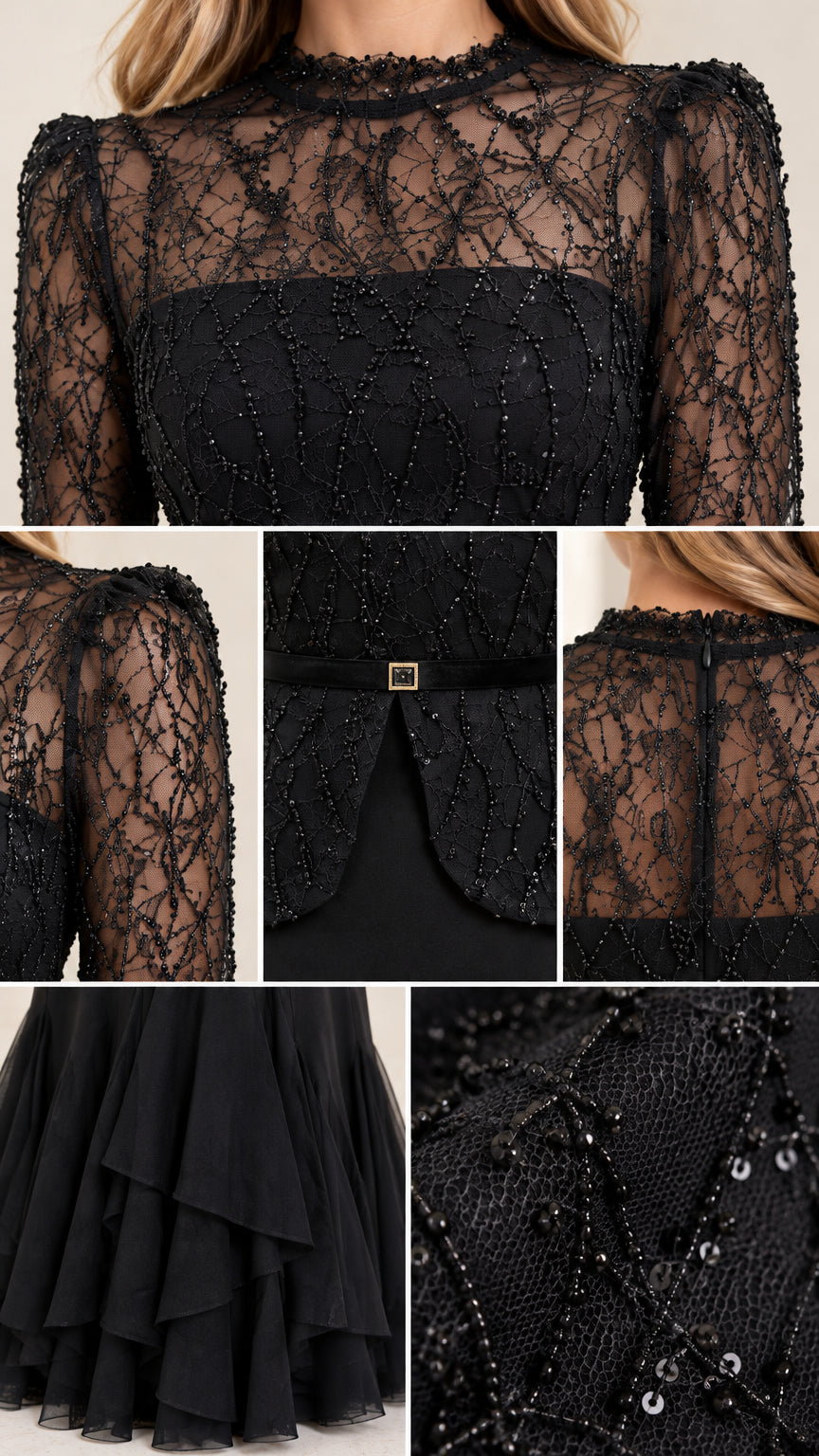 Close-up details of beaded lace bodice, belt buckle, and tiered ruffle hem