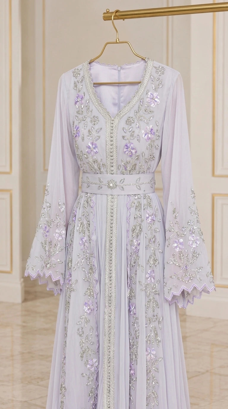 Hanger display of lilac embroidered chiffon kaftan dress showing beaded details