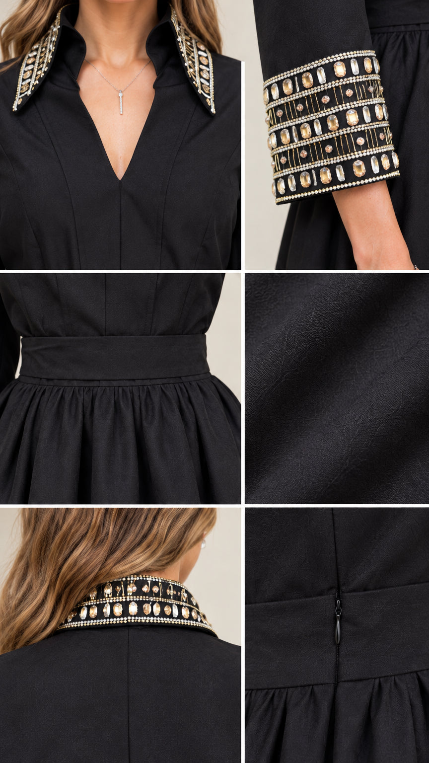 Close-up details of beaded collar, embellished cuff, waistband, and concealed zipper