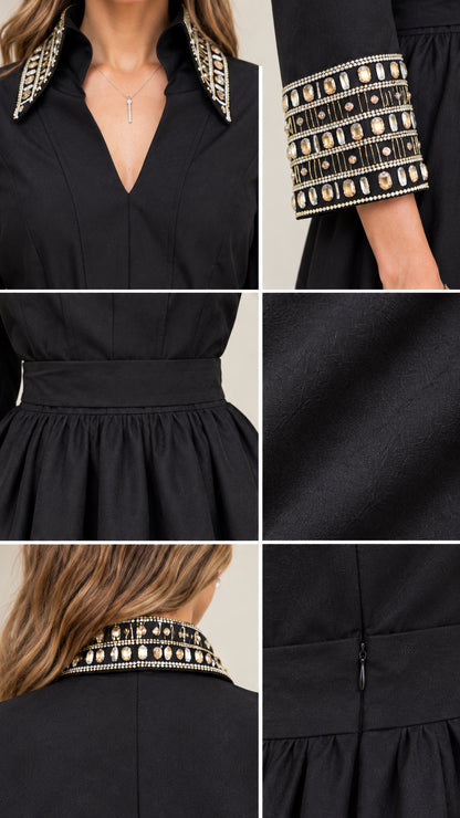 Close-up details of beaded collar, embellished cuff, waistband, and concealed zipper
