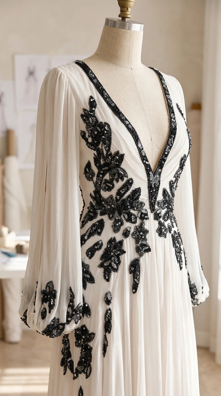 Close-up detail of white chiffon gown bodice with black floral embroidery on dress form