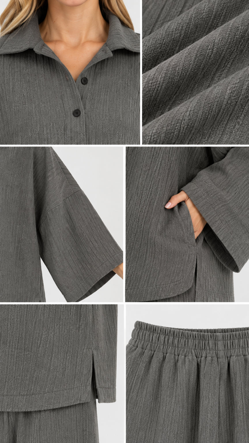 Close-up details of collar, buttons, textured fabric, pockets, and elastic waistband