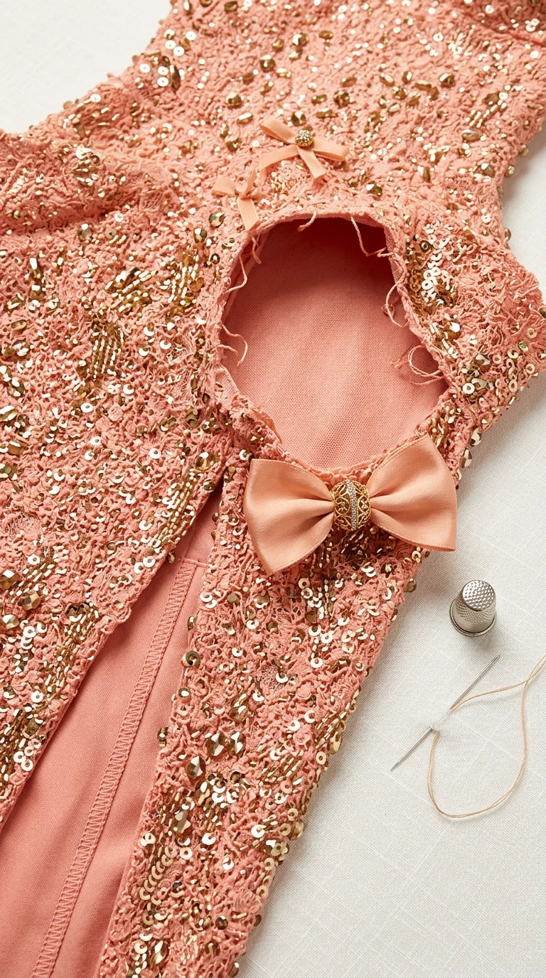 Close-up detail of textured sequin lace fabric and lining