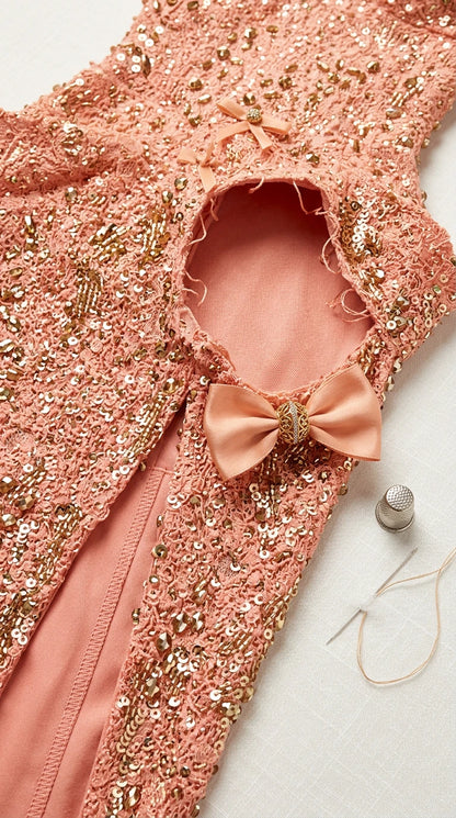 Close-up detail of textured sequin lace fabric and lining