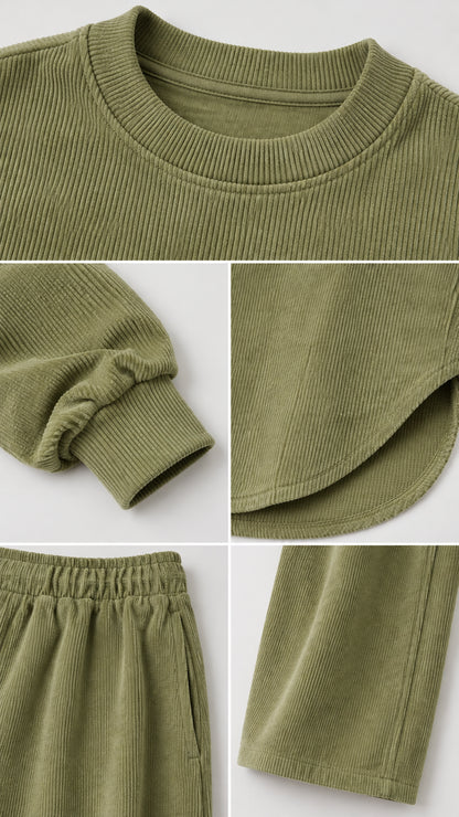 Close-up details of ribbed crewneck collar, sleeve cuff, curved hem, and waistband with pockets