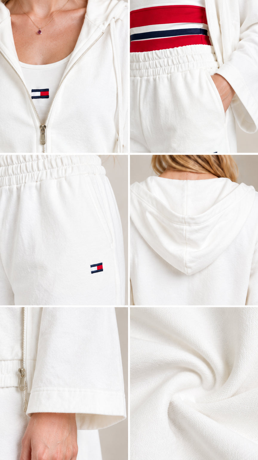 Close-up details of zipper, hood, tricolor band, and soft fabric texture on 3-piece tracksuit