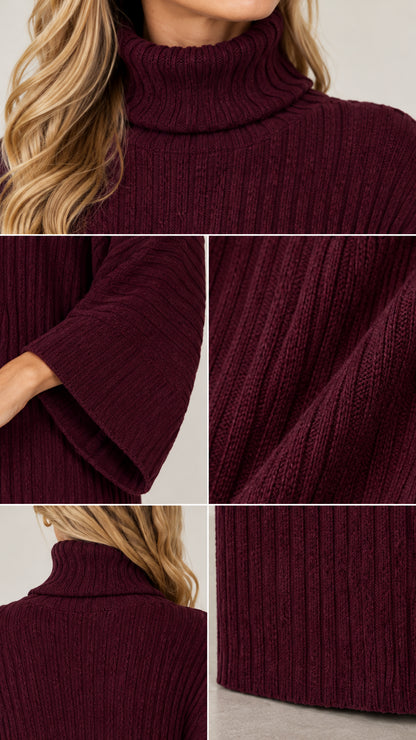 Close-up details of ribbed knit turtleneck, wide cuff, and hem in burgundy