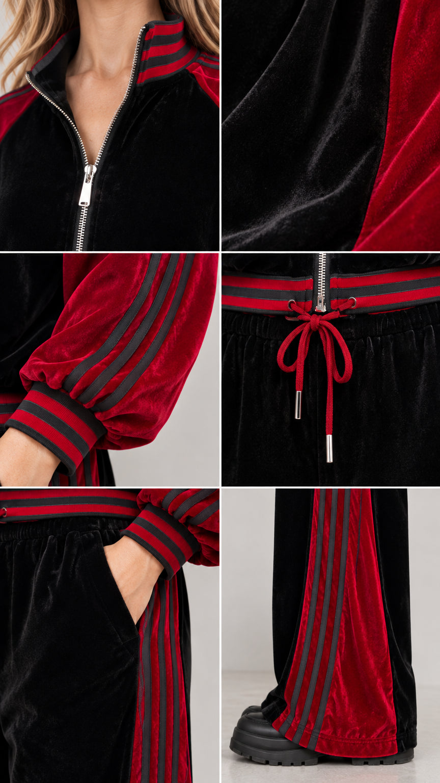 Close-up details of collar, zipper, side pockets, and drawstring on velvet tracksuit
