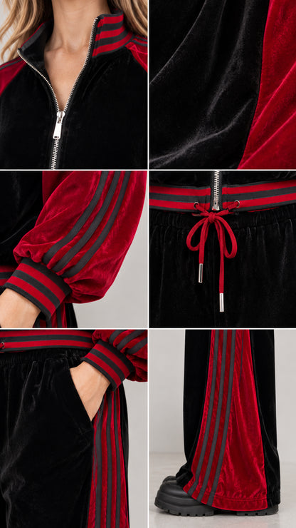 Close-up details of collar, zipper, side pockets, and drawstring on velvet tracksuit