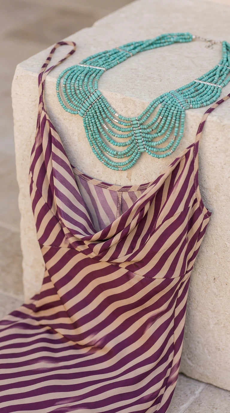 Close-up detail of draped cowl neckline and diagonal striped knit fabric with turquoise necklace