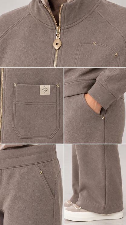 Close-up detail collage showing zipper, patch pocket stitching, and hem finish